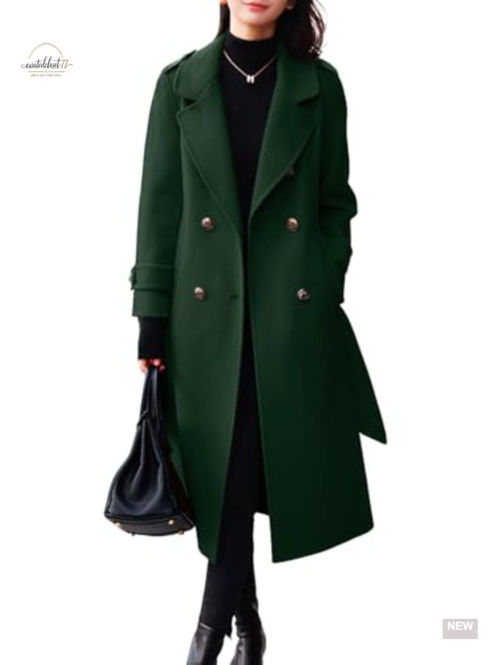 Women's Winter Belted Wool Pea Coat Double Breasted Midi Long Overcoat